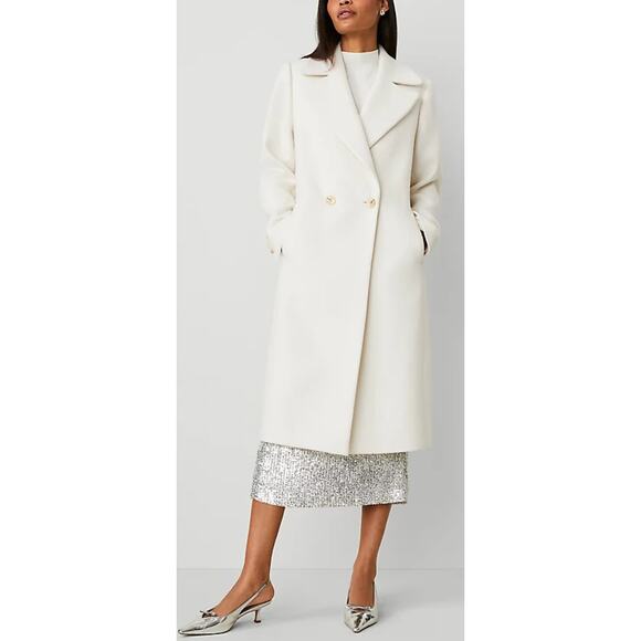 NWOT Ann taylor Long Line Double Breasted Coat Ivory Snow White Small - Picture 1 of 6
